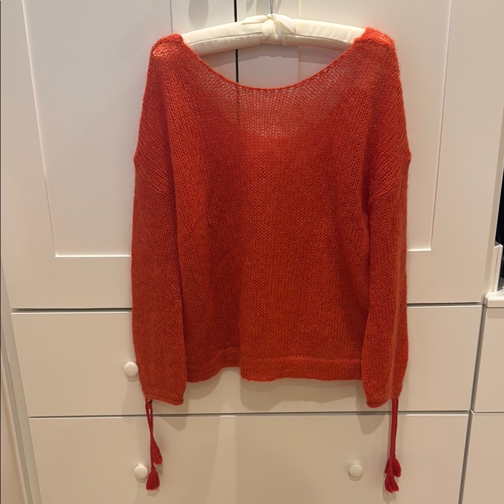 Sézane Orange Crew Neck Sweater with Tassel Hem